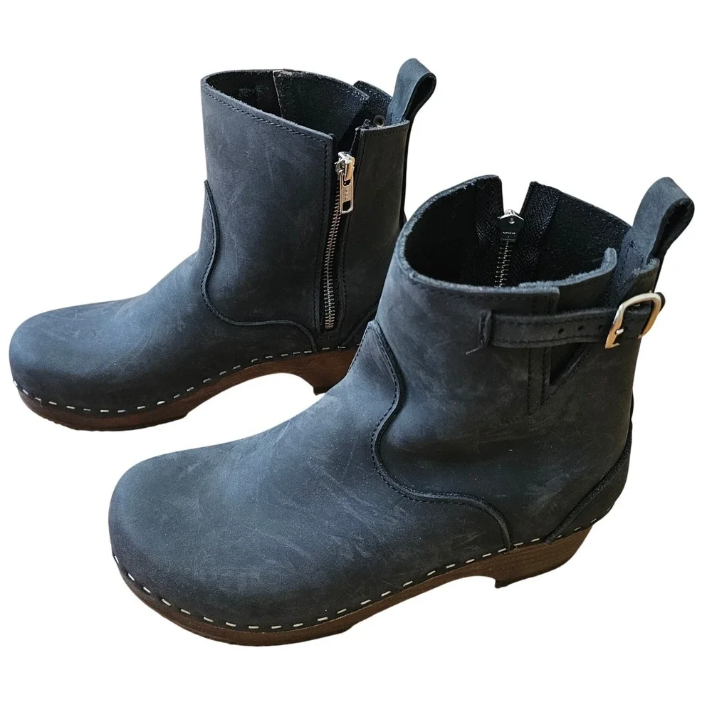 Sandgrens Clog Boots Women 39 Black Nubuck Leather‎ Good Wooden Heel Zip Ankle